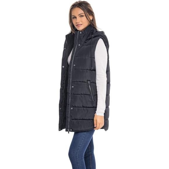 Women's Winter Long Puffer Vest, Quilted Faux Down Filled Hooded Vest - Picture 3 of 7